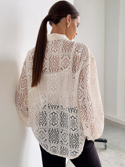 Vintage Lace Blouse – Women's Elegant Long Sleeve Sheer Office Shirt-Ivory-S-Free Shipping Leatheretro