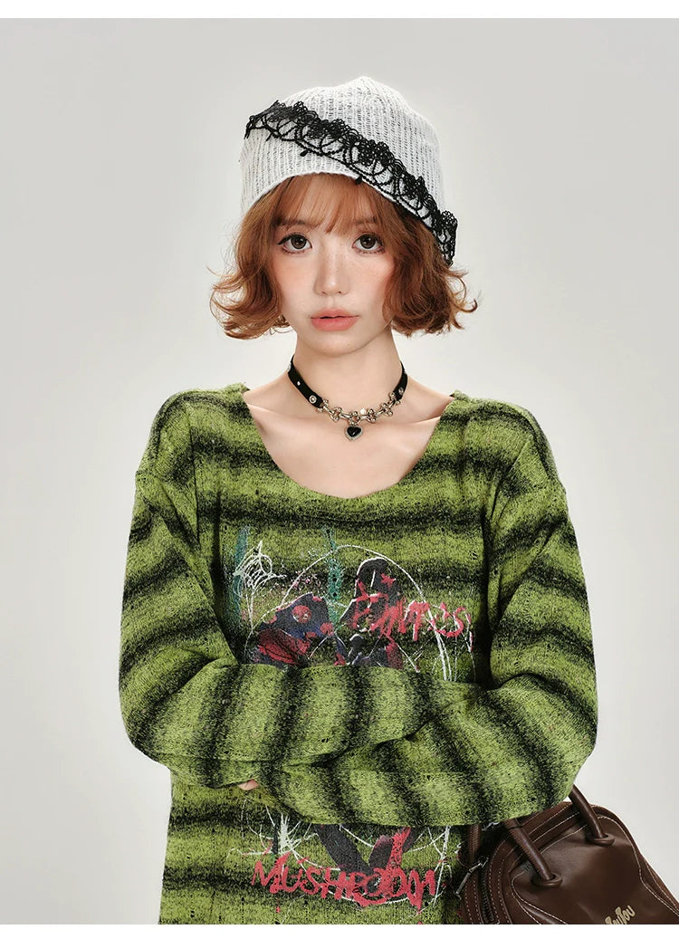 Girlyhalo Retro Green Striped Long Sleeve T-Shirt for Women-Green Striped-S-Free Shipping Leatheretro