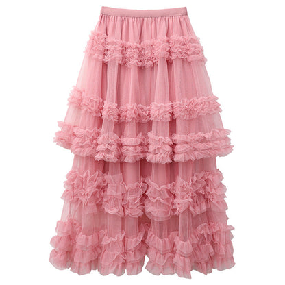 Layered Tulle Skirt - High Waist Ruffled Lace Trim Semi-Formal Skirt
