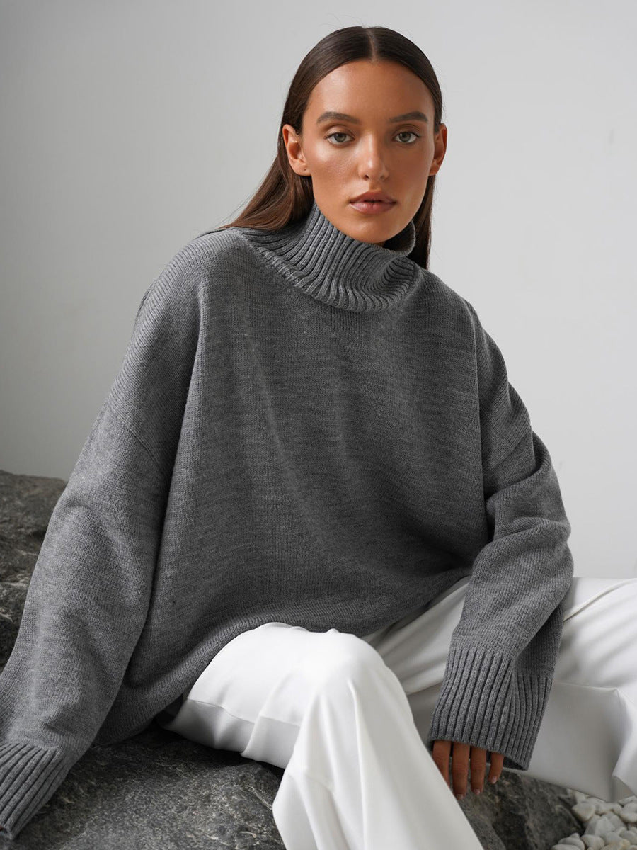 Women's Oversized Solid Color High Neck Sweater