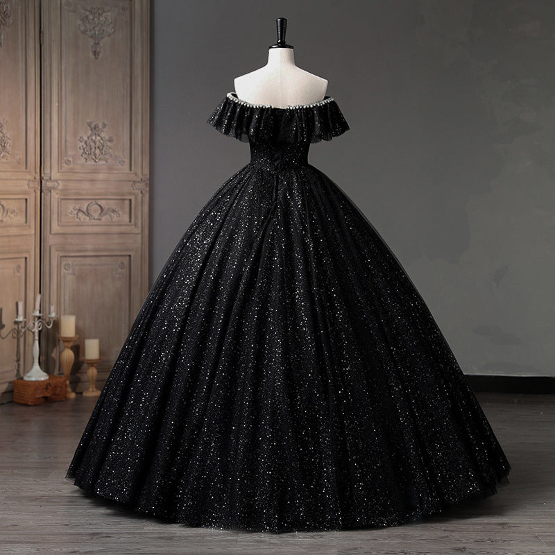Elegant One-Shoulder Black Evening Gown with V-Neck