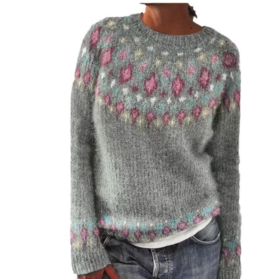 Women's Loose Knit Sweater - Color Block Round Neck Pullover