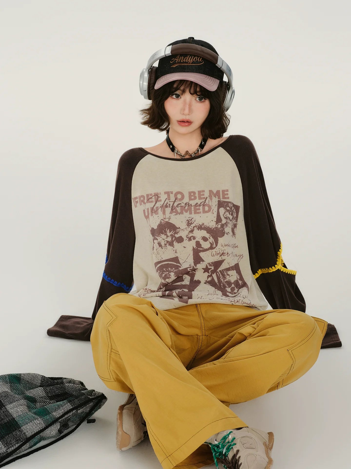 Girlyhalo Retro Print Color-Block Long Sleeve T-Shirt