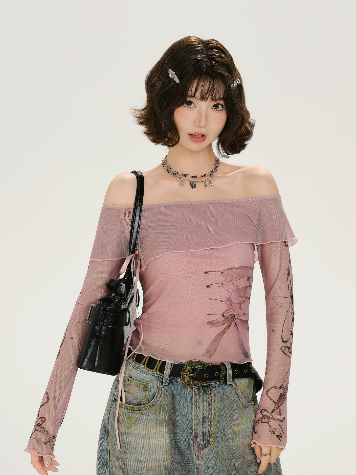 Girlyhalo Retro Vintage Print Off-Shoulder Long Sleeve T-Shirt
