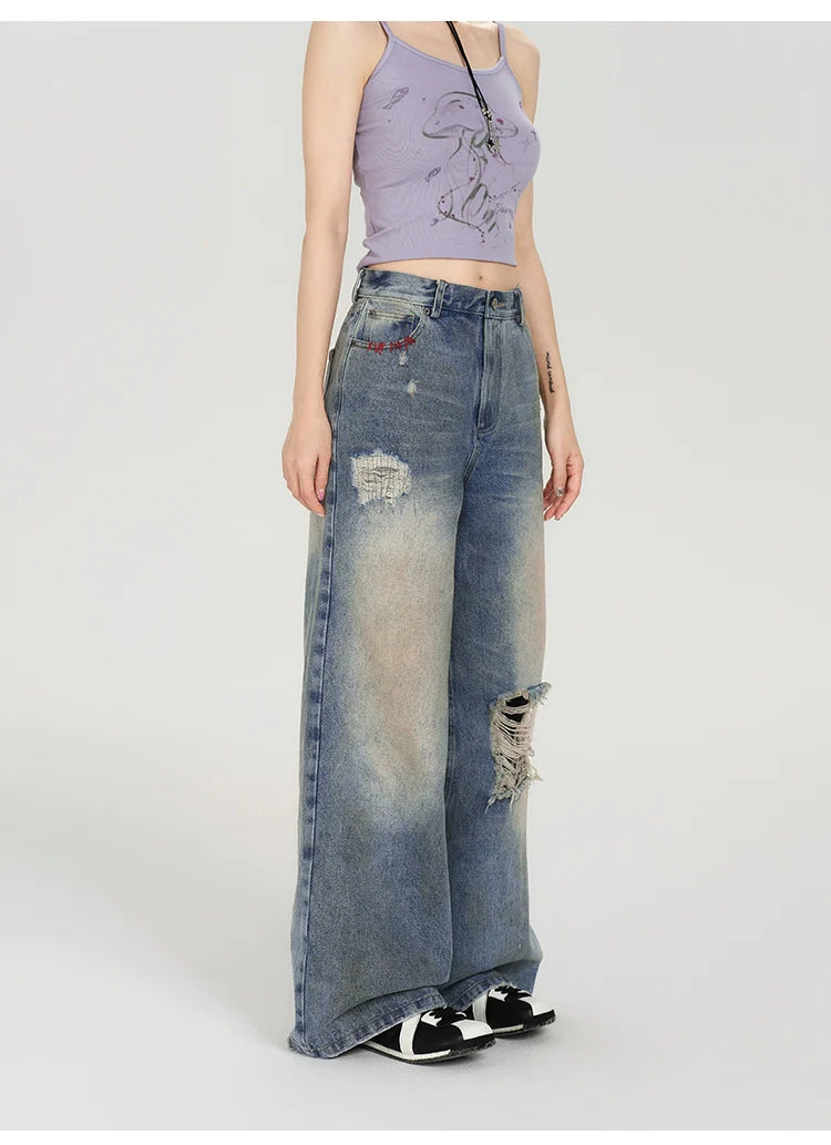 Girlyhalo Women's Retro Washed Distressed Straight-Leg Jeans-S-Blue-Free Shipping Leatheretro