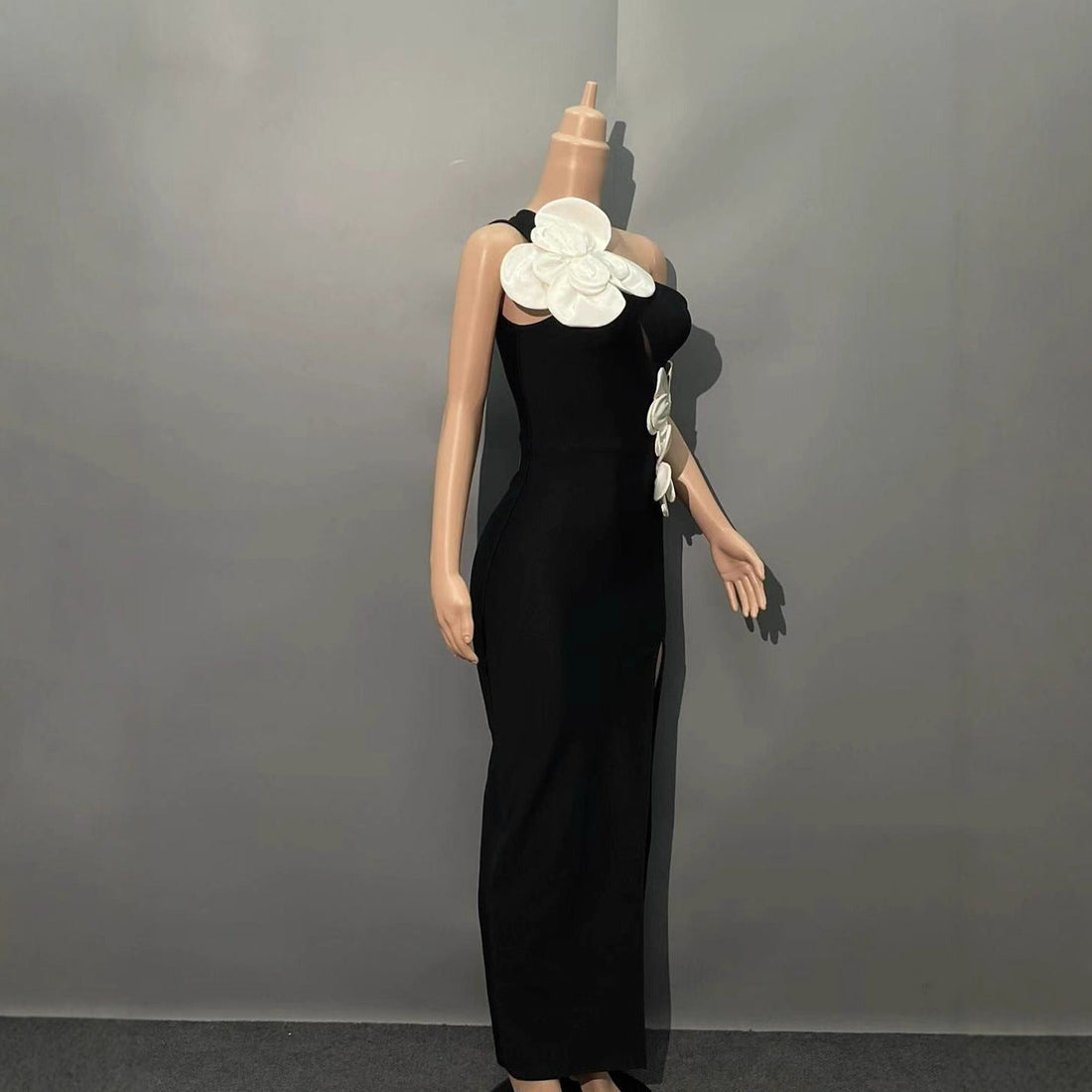 Elegant Off-Shoulder Bandage Dress with 3D Floral Details