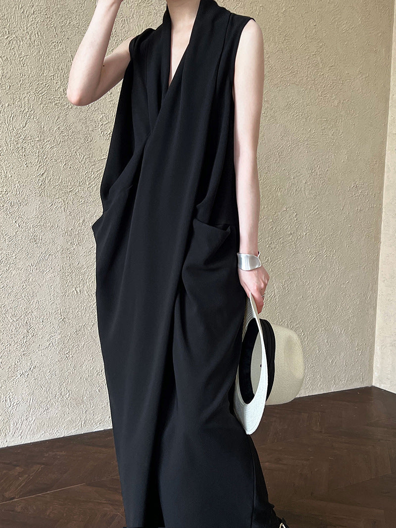 Women's V-Neck Sleeveless Twist Knot Long Dress-Pumpkin color-M-Free Shipping Leatheretro