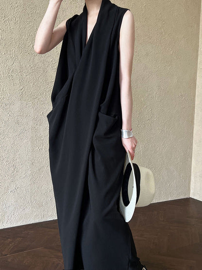 Women's V-Neck Sleeveless Twist Knot Long Dress-Pumpkin color-M-Free Shipping Leatheretro