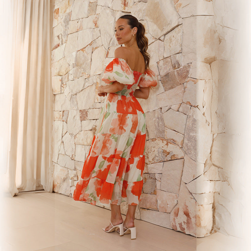 Elegant Floral Print Puff Sleeve Dress
