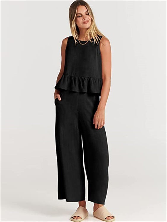 Women's Summer Sleeveless Pleated Vest & Wide-Leg Cropped Pants Casual Set