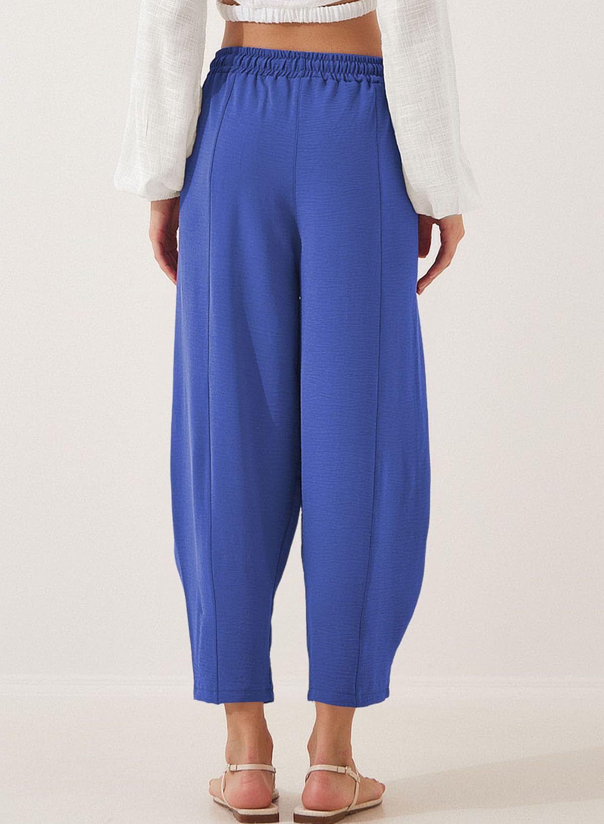 Women's Summer High-Waisted Loose Vacation Drawstring Casual Cropped Pants with Side Pockets