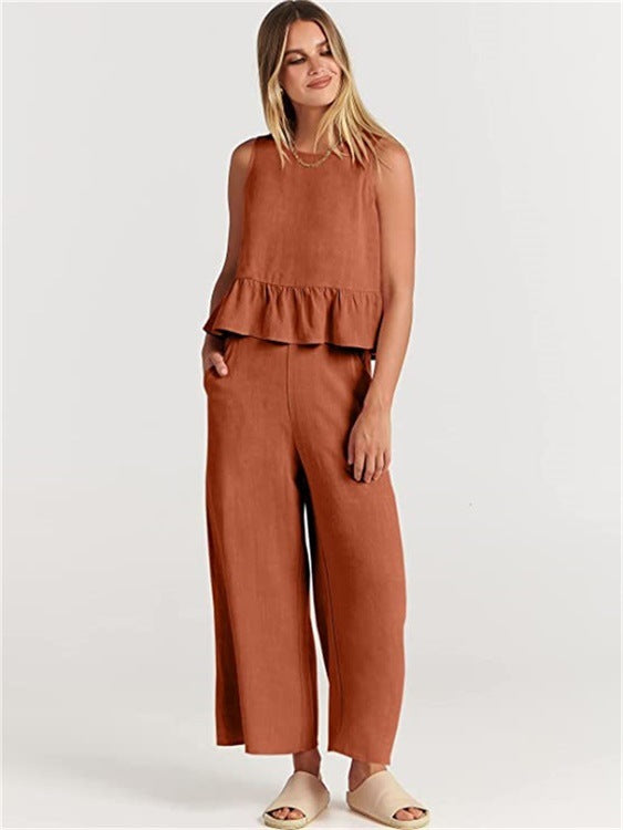 Women's Summer Sleeveless Pleated Vest & Wide-Leg Cropped Pants Casual Set