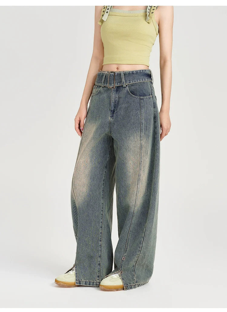 Girlyhalo Women's Vintage Washed Wide-Leg Jeans-S-Blue-Free Shipping Leatheretro