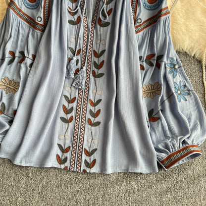 Ethnic Embroidered Tie-Neck Blouse-White-one size-Free Shipping Leatheretro