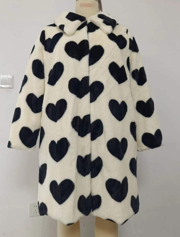 Women's Long Faux Fur Coat – Thickened Plush White Love-Design Winter Coat,