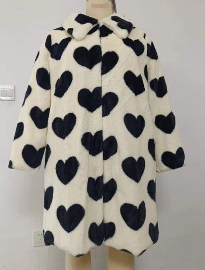 Women's Long Faux Fur Coat – Thickened Plush White Love-Design Winter Coat,