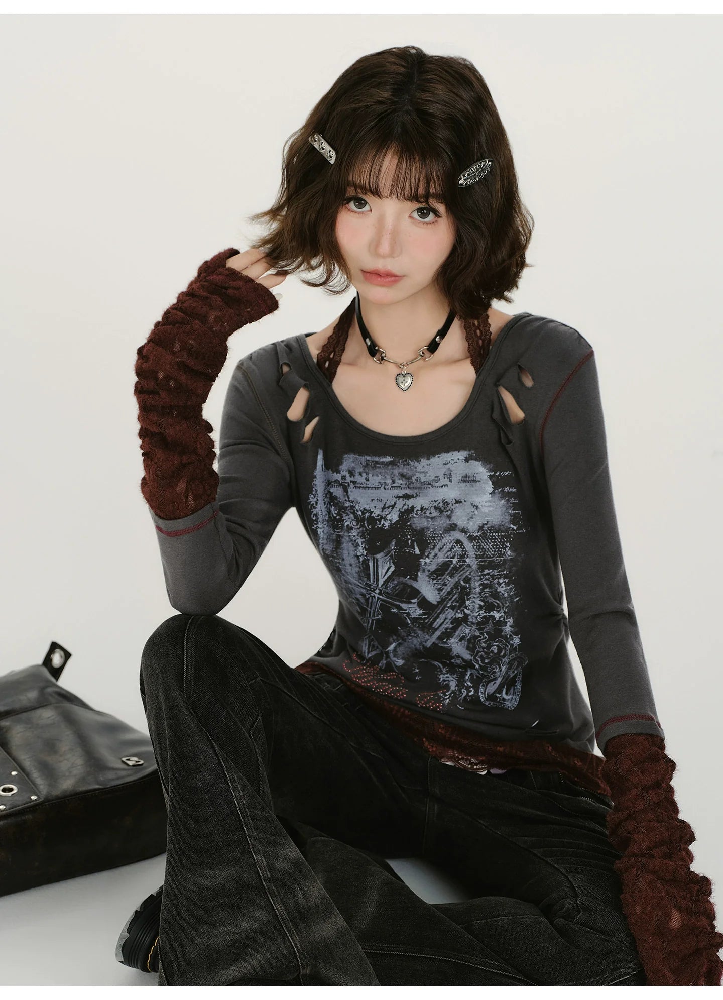 Girlyhalo Retro Patchwork Lace Distressed Long Sleeve T-Shirt