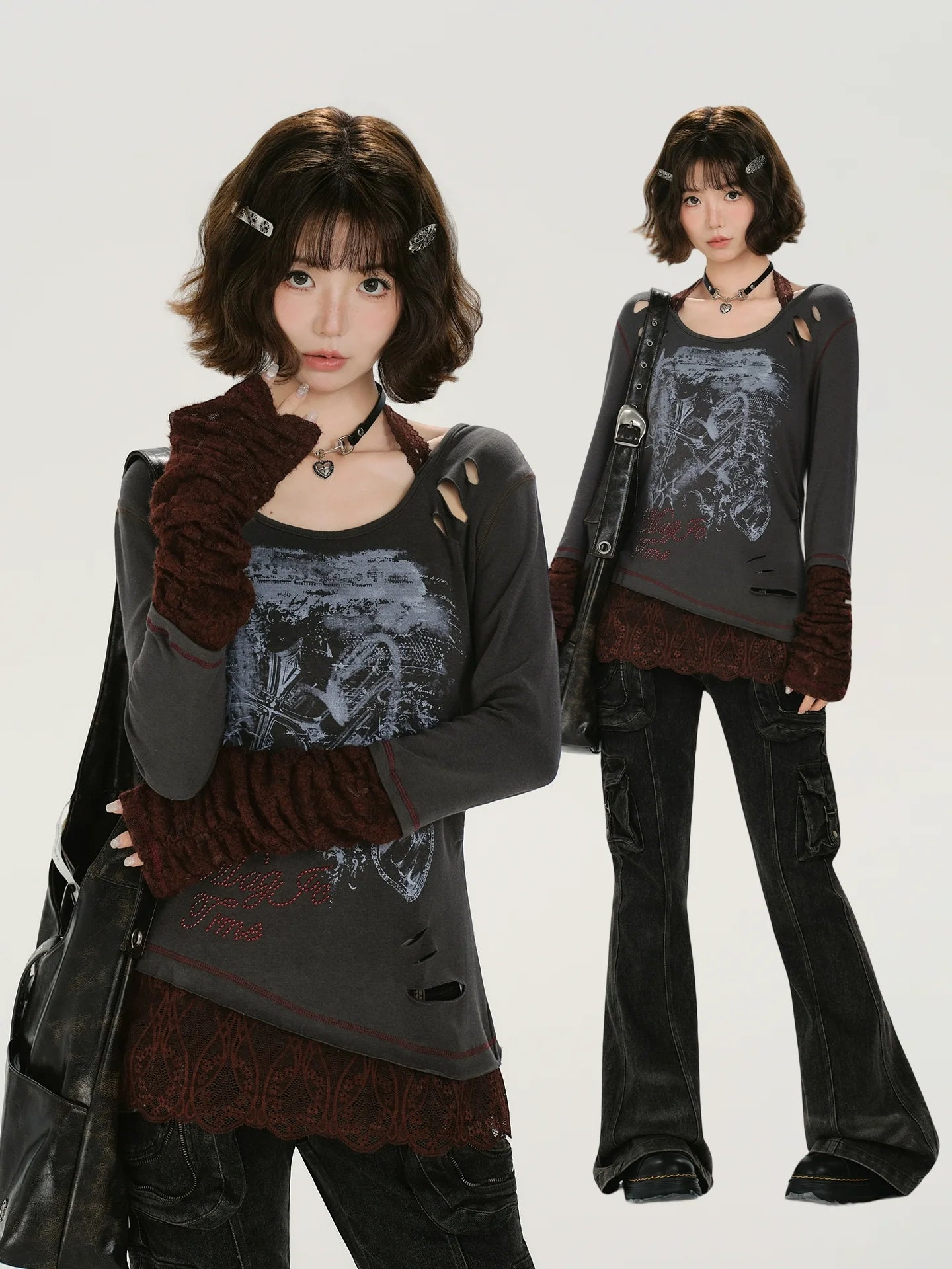 Girlyhalo Retro Patchwork Lace Distressed Long Sleeve T-Shirt