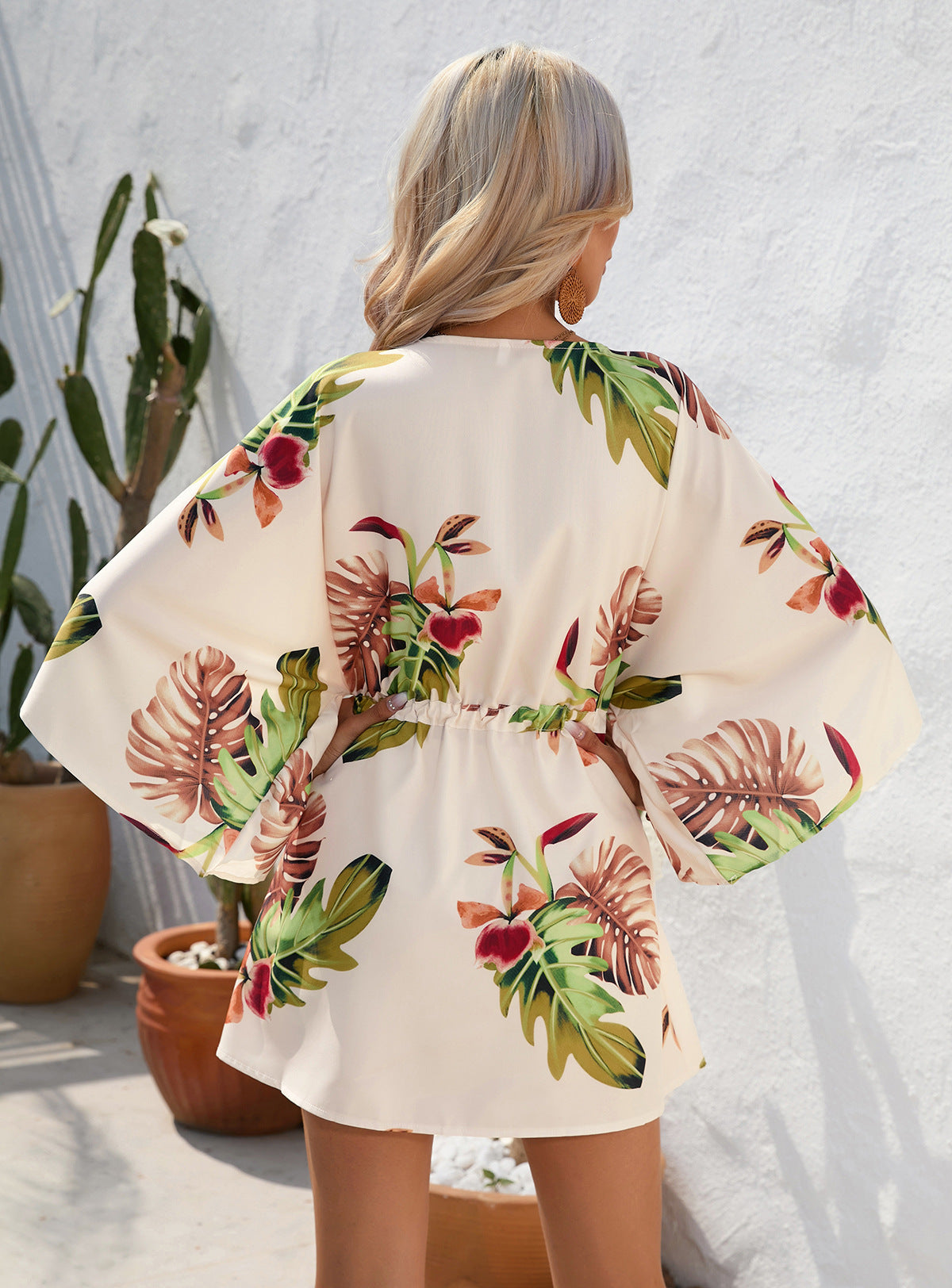 Women's Summer Leaf Print Short Sleeve Short Mini Dress