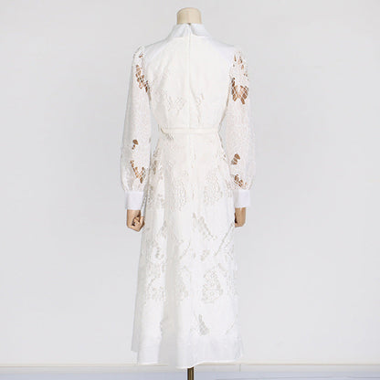 Vintage Collar Long Lantern Sleeve Mid-Length Embroidery Lace Solid Color Dress