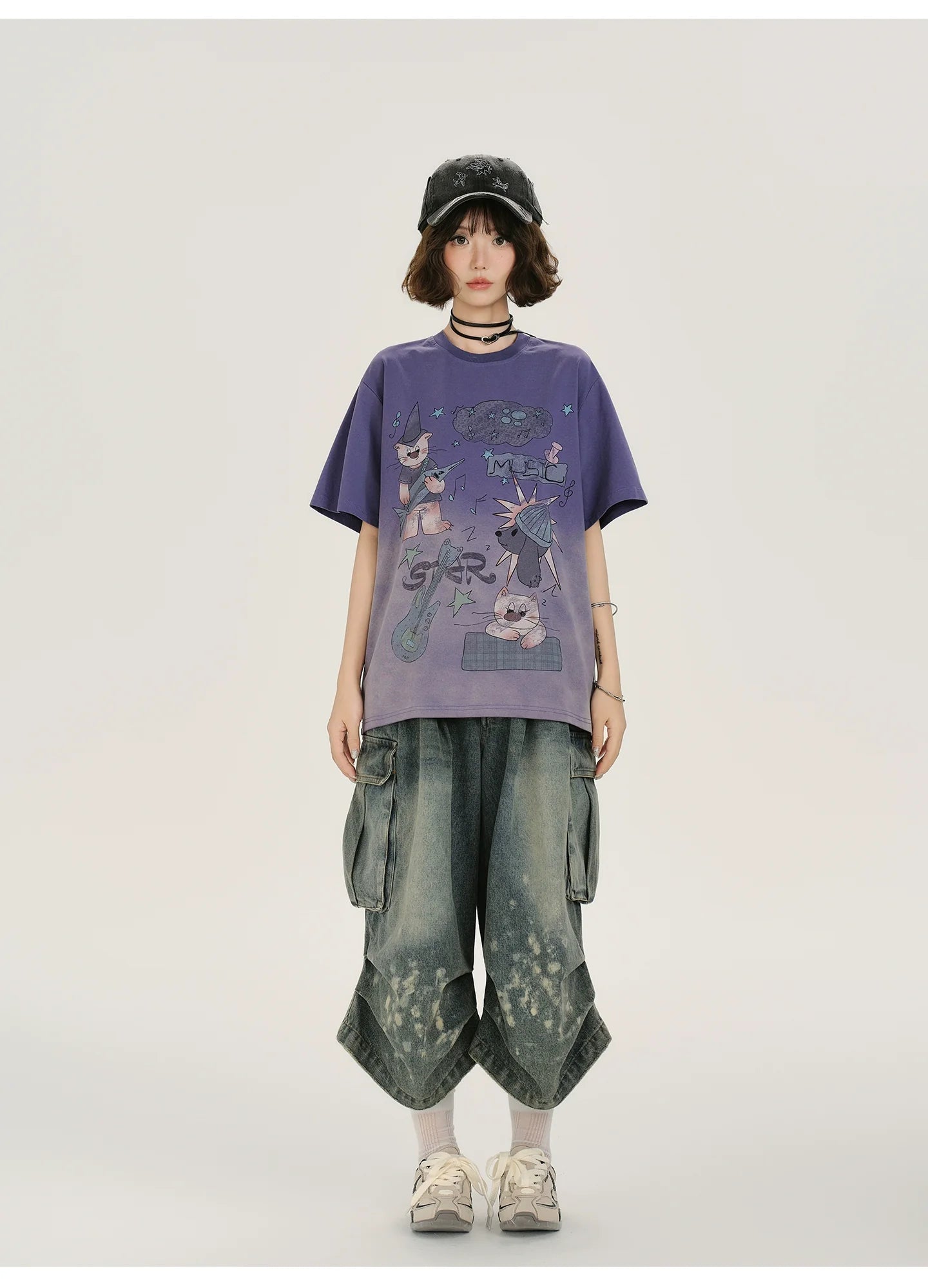 Girlyhalo Vintage Washed Purple Gradient Short Sleeve T-Shirt