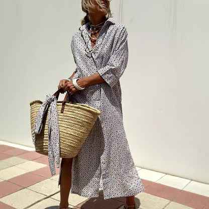 Women's half Sleeve Striped Button-Down Shirt Dress with Lapel Collar