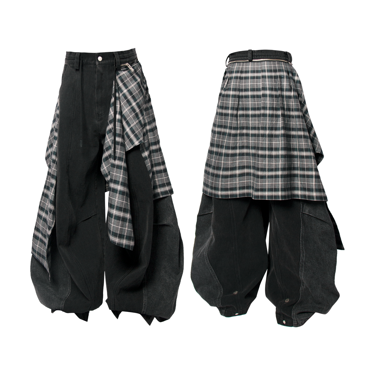 RELABEL Detachable Checkered Flap Distressed Wide-Leg Jeans