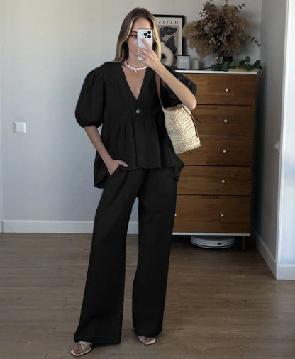 Sweet Solid Color Cotton Set - V-Neck Top & Bubble Sleeve Shorts 2-Piece Outfit