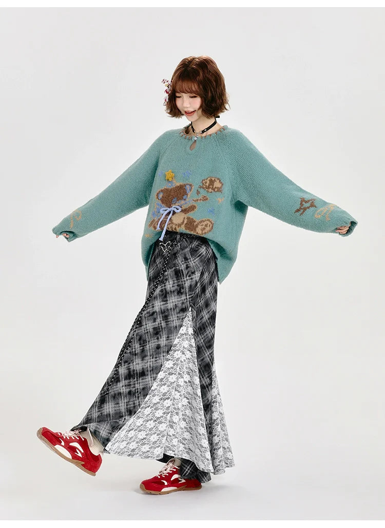 Girlyhalo Cozy Retro Bear Knit Sweater Women
