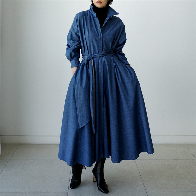 Blue Long Sleeve Loose Denim Shirts Maxi Dresses-Cozy dresses-Free Shipping at meselling99