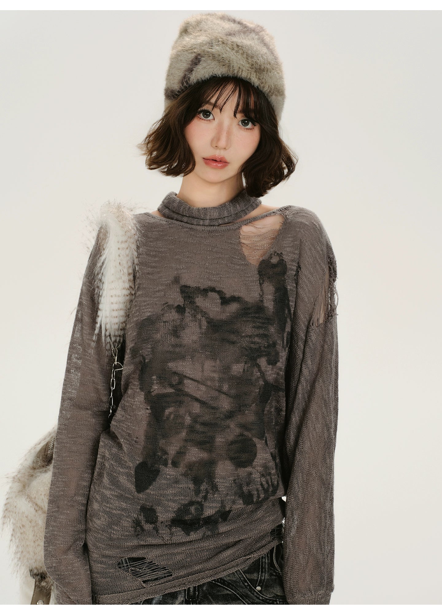 Girlyhalo Retro Baddie Print Distressed Long Sleeve Sweater