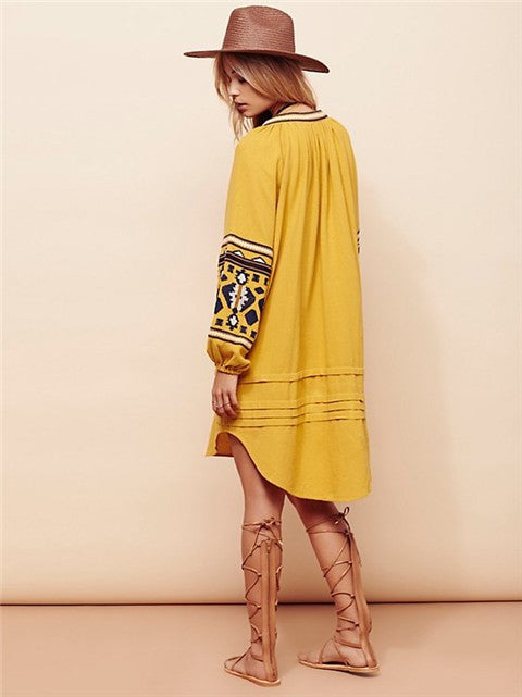 Bohemian Ethnic Embroidered Loose Front Button Dress