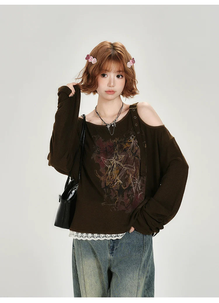 Girlyhalo Vintage Off-Shoulder Long Sleeve Top-As Photo-S-Free Shipping Leatheretro