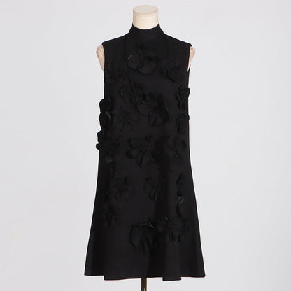 Retro Summer Stand Collar, Sleeveless Dresses with 3D Floral Details