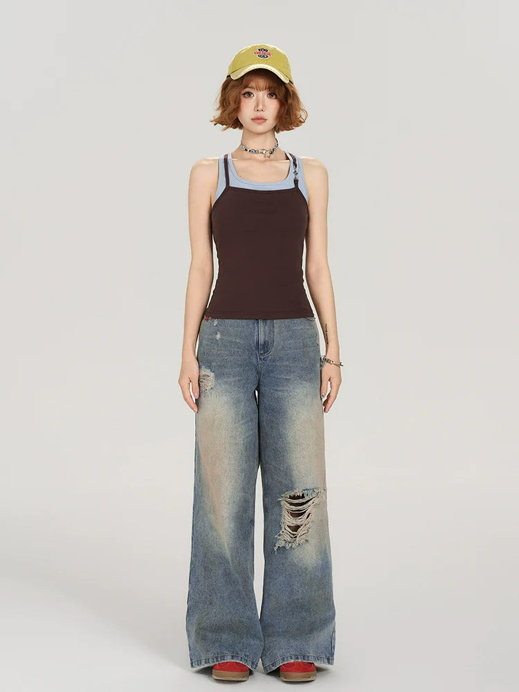 Girlyhalo Women's Retro Washed Distressed Straight-Leg Jeans-S-Blue-Free Shipping Leatheretro