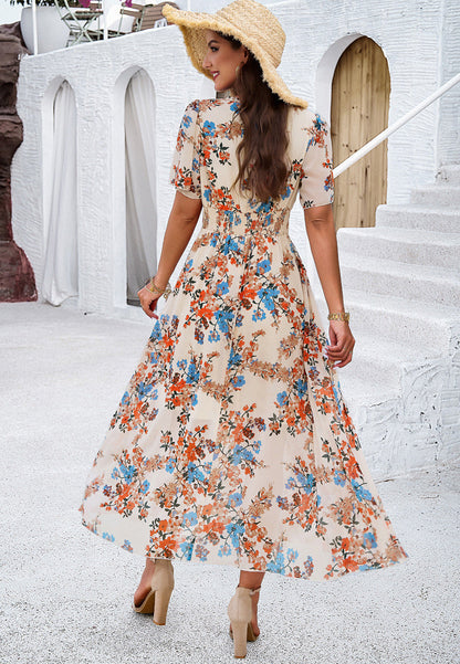 Women's Floral Print Chiffon Dress – Short Sleeve, Waist-Tied