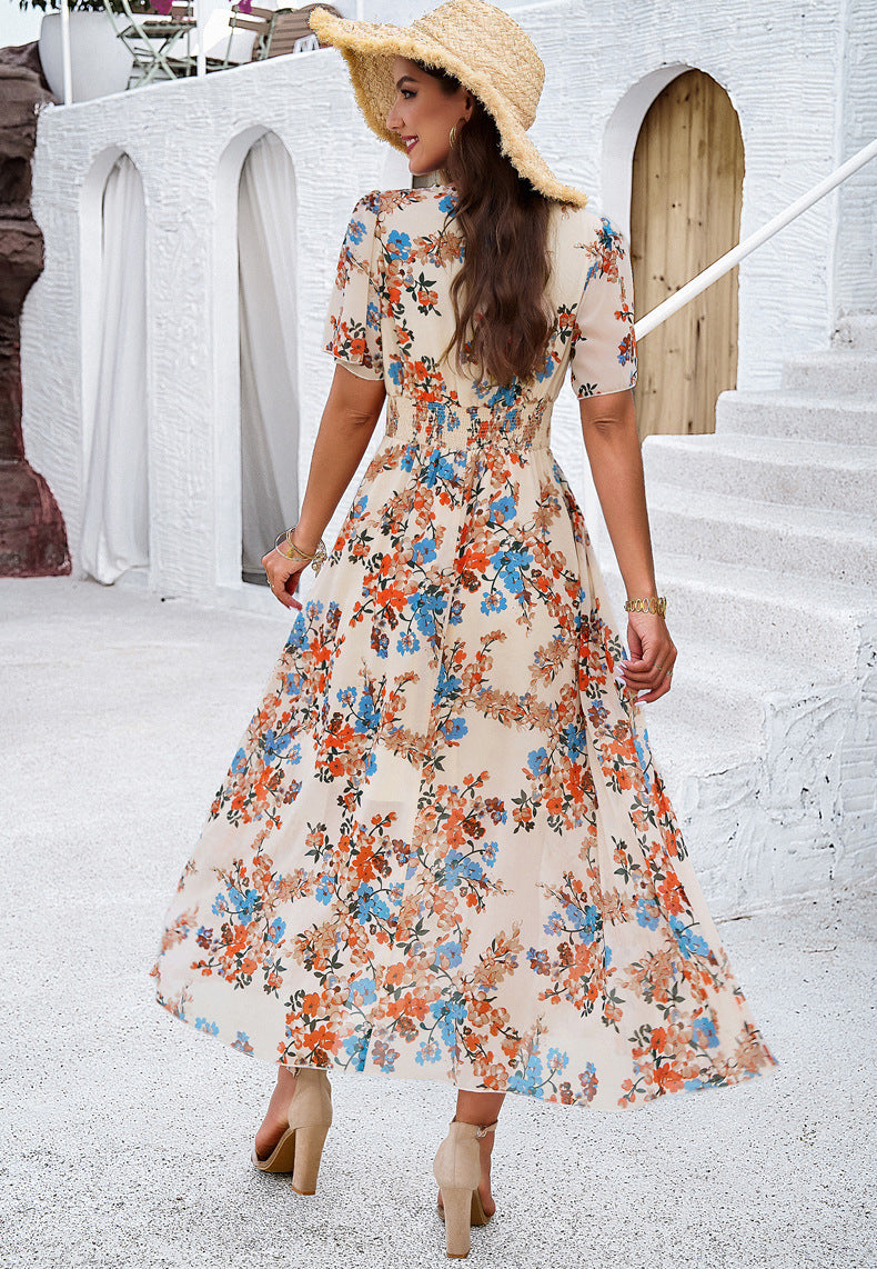 Women's Floral Print Chiffon Dress – Short Sleeve, Waist-Tied
