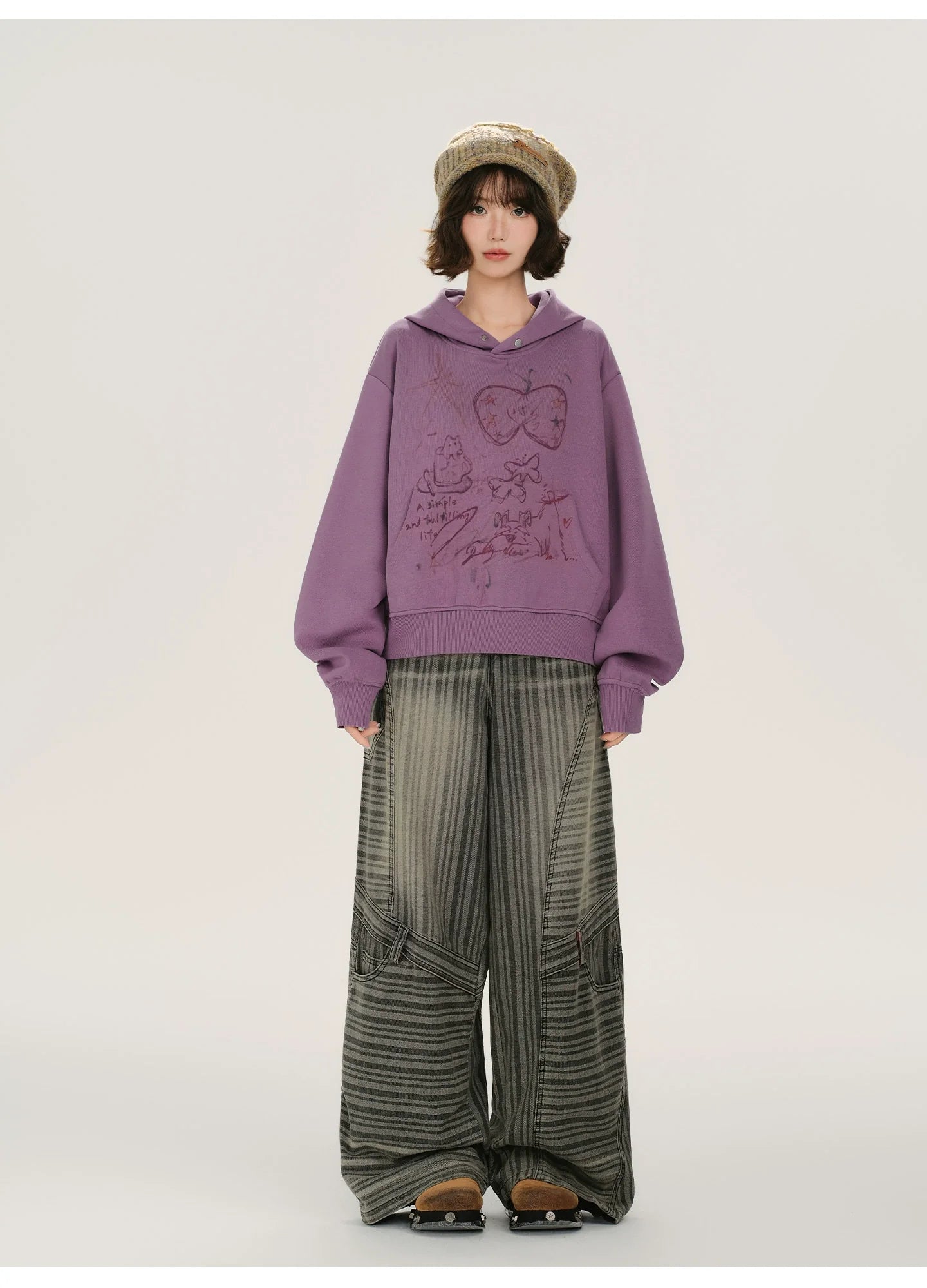 Girlyhalo Retro Print Distressed Hooded Long-Sleeve Sweatshirt