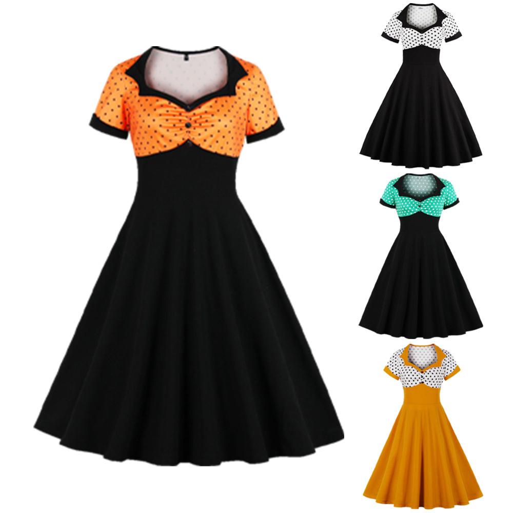 Women Square Neckline Dot Print Plus Size Retro Dresses-Vintage Dresses-Free Shipping at meselling99