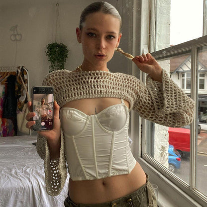 Trendy Hollow-Out Knit Crop Top – Stylish Short Sleeve Mesh Bolero for Streetweat