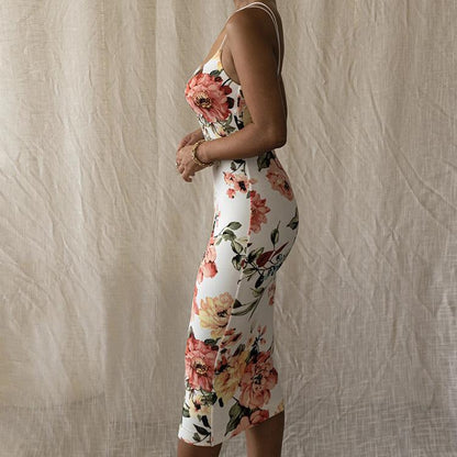 Women Summer Sexy Floral Print Backless Sheath Midi Length Dresses-Sexy Dresses-Free Shipping at meselling99
