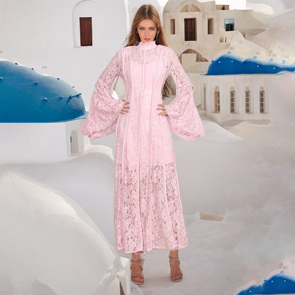 Retro Elegant Summer Lace Embroidered High-Waist Pleated Dress