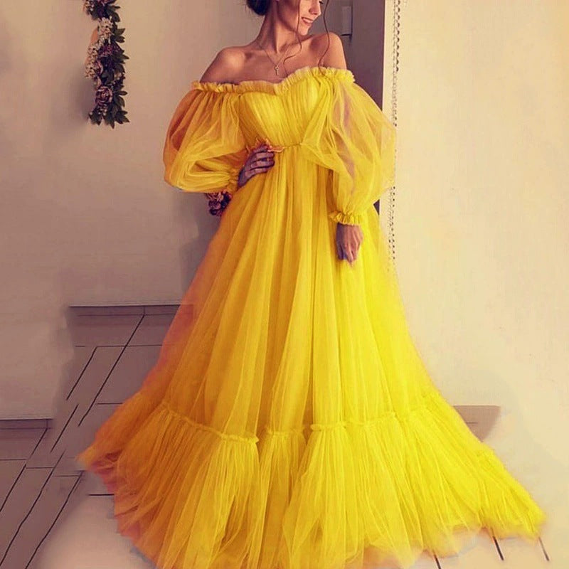 Women Off The Shoulder Tulle Long Party Dresses-Dresses-Yellow-S-Free Shipping at meselling99