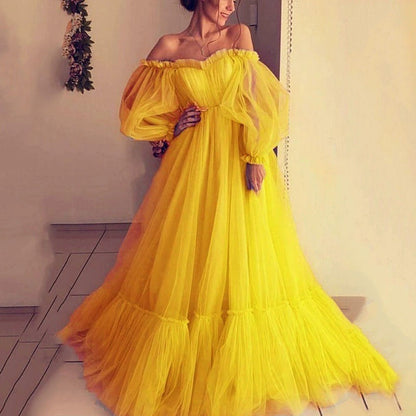 Women Off The Shoulder Tulle Long Party Dresses-Dresses-Yellow-S-Free Shipping at meselling99