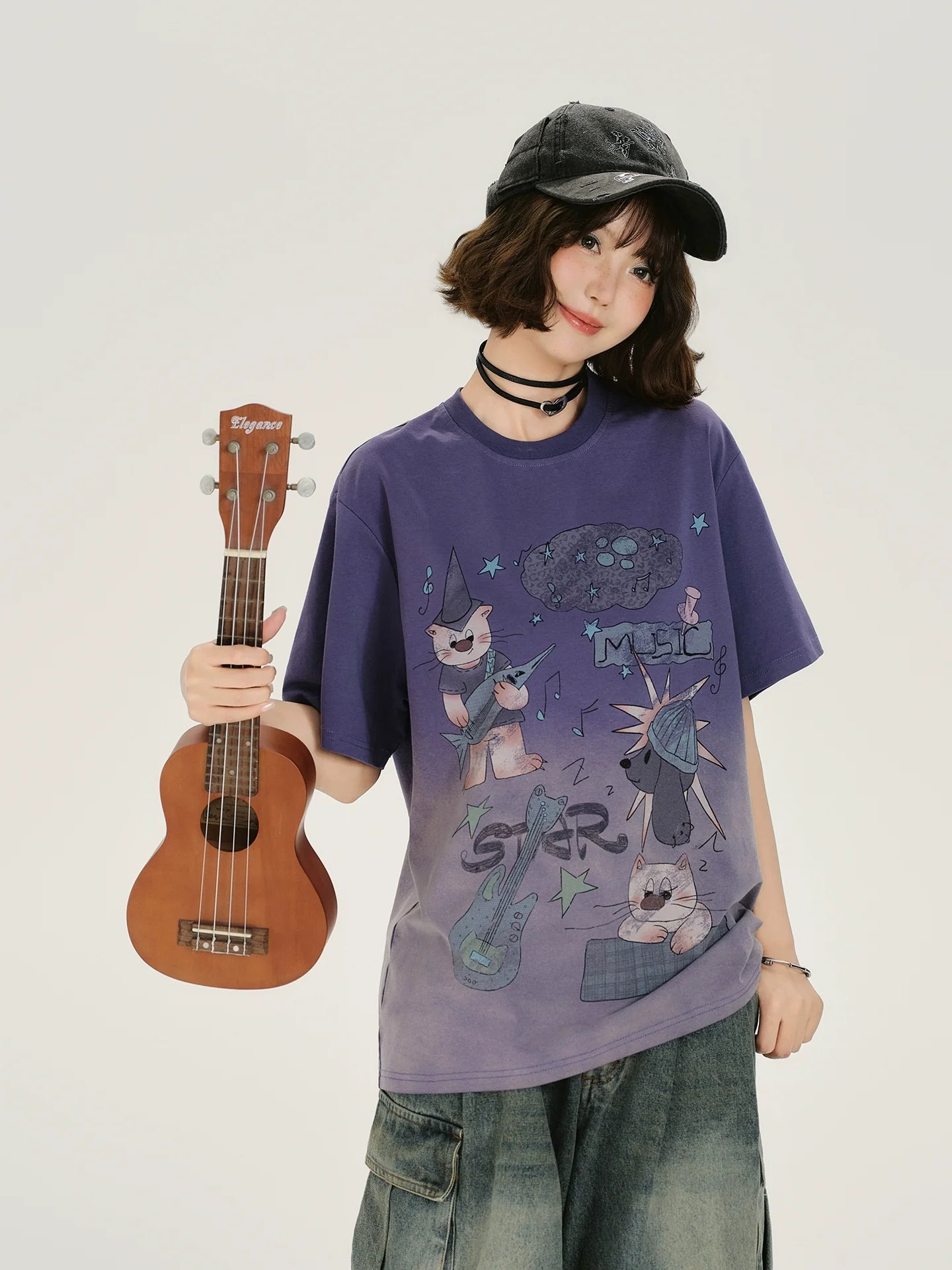 Girlyhalo Vintage Washed Purple Gradient Short Sleeve T-Shirt