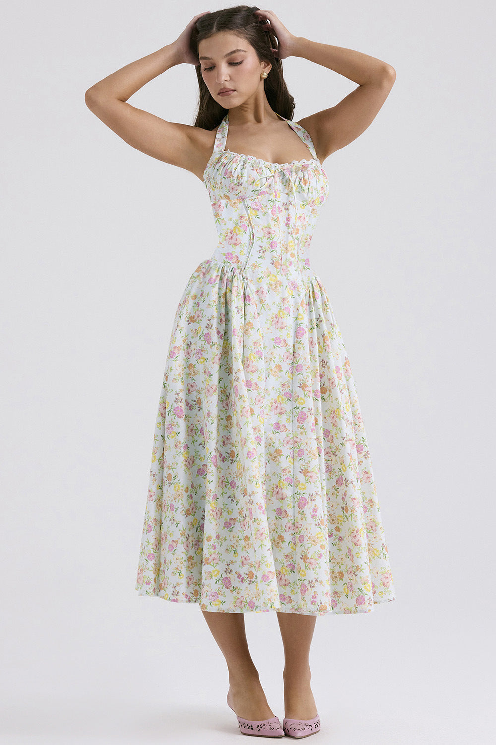 Women's Summer Floral Print Bodycon Halter Neck Maxi Dress