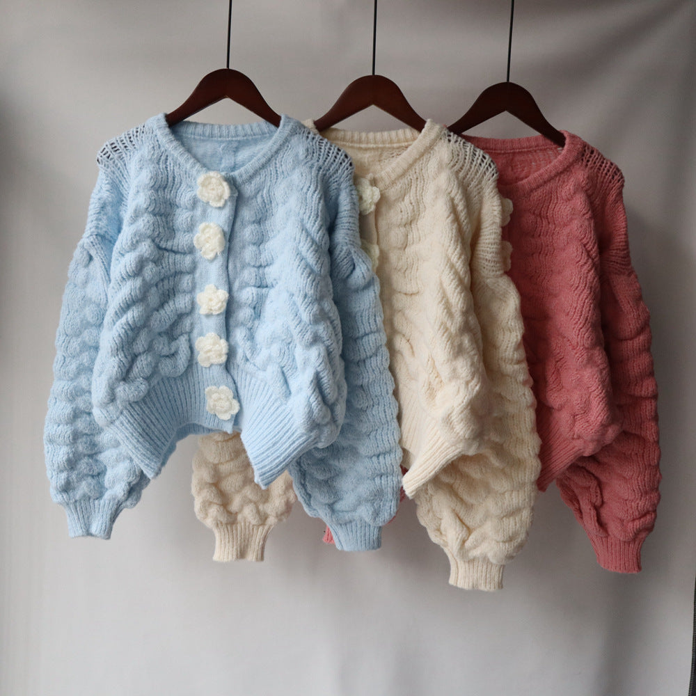 Women's Sweet Short Knit Top – Long Sleeve Floral Embroidered Cardigan Sweater