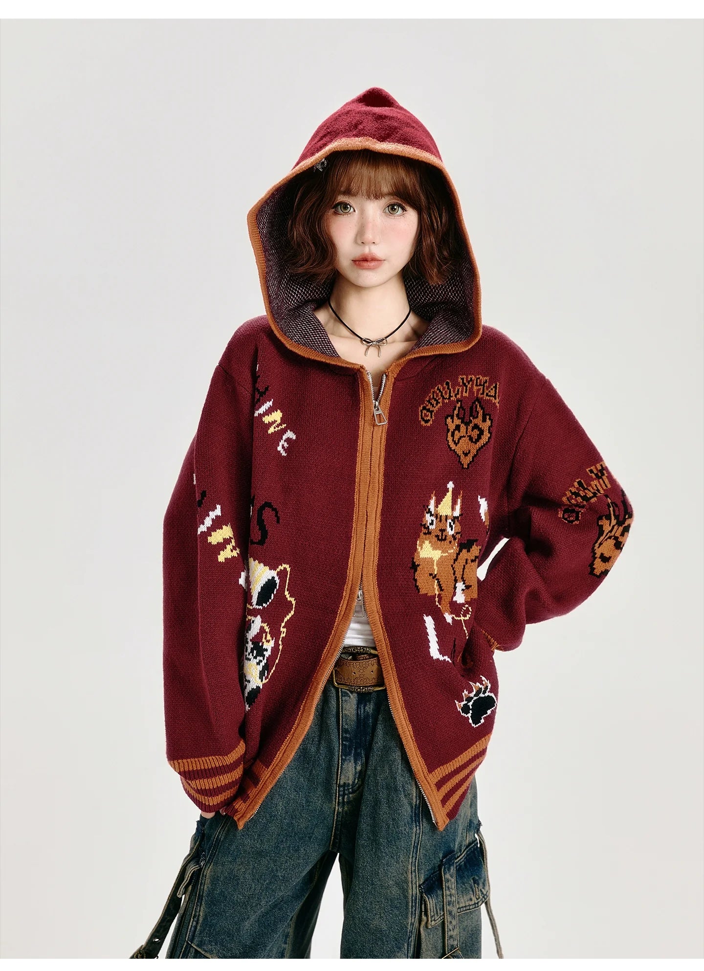 Girlyhalo Oversized Hooded Cardigan-Red-S-Free Shipping Leatheretro