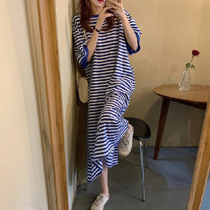 Designed Striped Summer Plus Sizes T Shirts Dresses-Dresses-Blue Striped-L-Free Shipping at meselling99