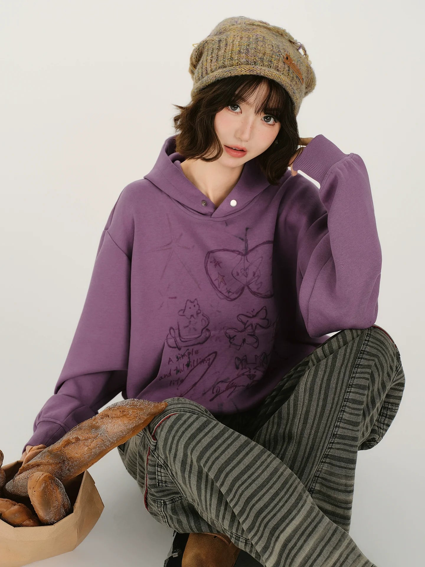 Girlyhalo Retro Print Distressed Hooded Long-Sleeve Sweatshirt